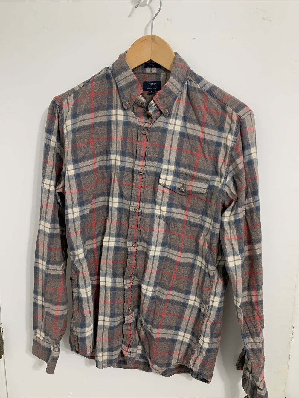 J. Crew Men’s Gray Plaid Button-Down Shirt with Red Accent